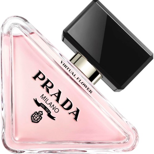 Pink triangular perfume bottle with black cap, labeled 'Prada Virtual Flower Milano'.