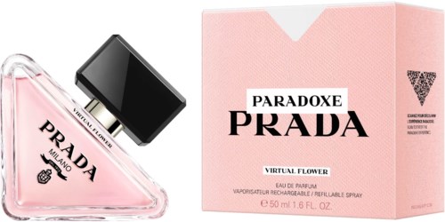A Prada perfume bottle and pink box labeled 'Paradoxe Prada Virtual Flower' with floral scent details.