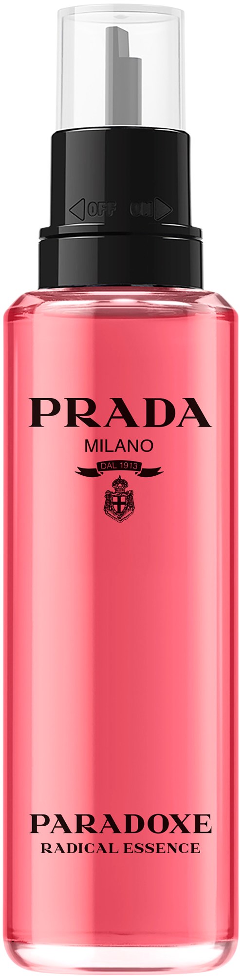 Roze fles met zwarte pomp, gemerk Prada Milano Paradoxe Radical Essence.