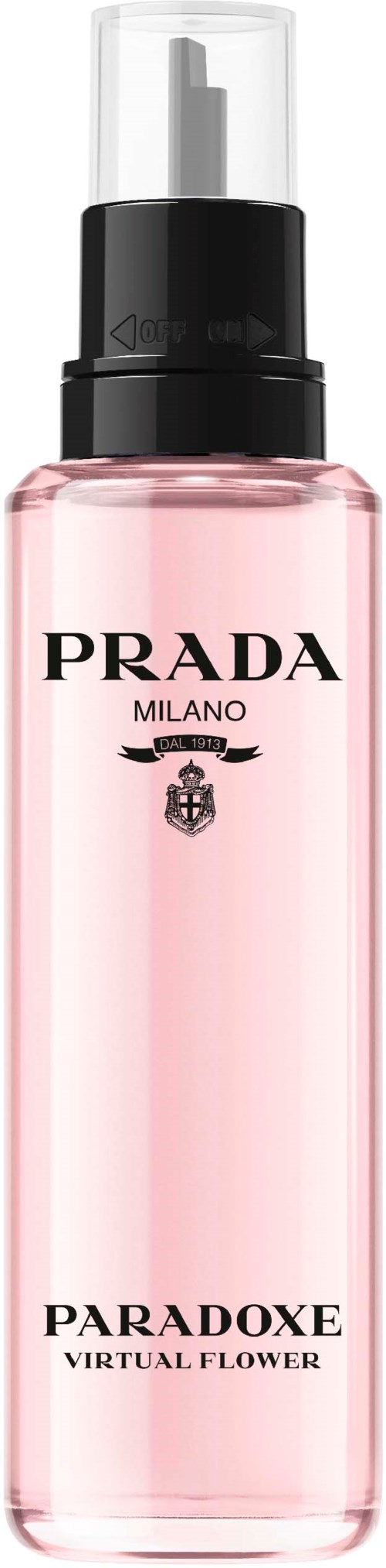 Een roze fles met een zwarte dop en pomp, labeled Prada Paradoxe, Virtual Flower.