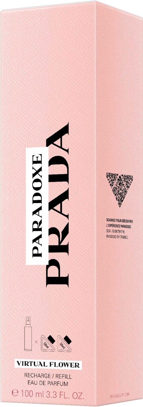 Roze doos met zwarte en witte tekst voor Prada Paradoxe parfum, toont flesiconen en geurdetails.