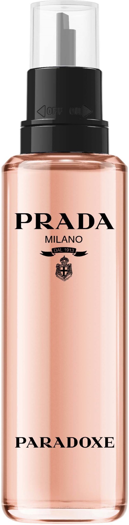 En rosa flaska med svart och genomskinlig kapsyl, märkt Prada Milano Paradoxe, troligtvis en parfym eller kosmetisk produkt.