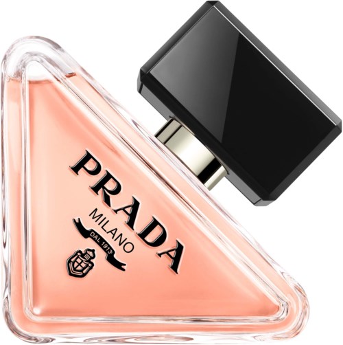 A triangular perfume bottle with black cap, pink liquid, Prada logo and Milano text.