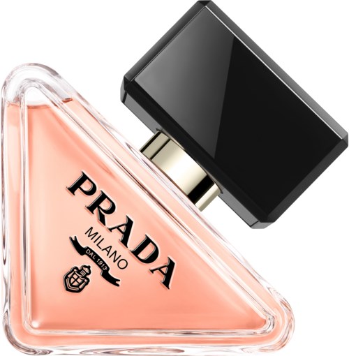 A triangular pink perfume bottle with black cap, label showing Prada Milano and a small logo.