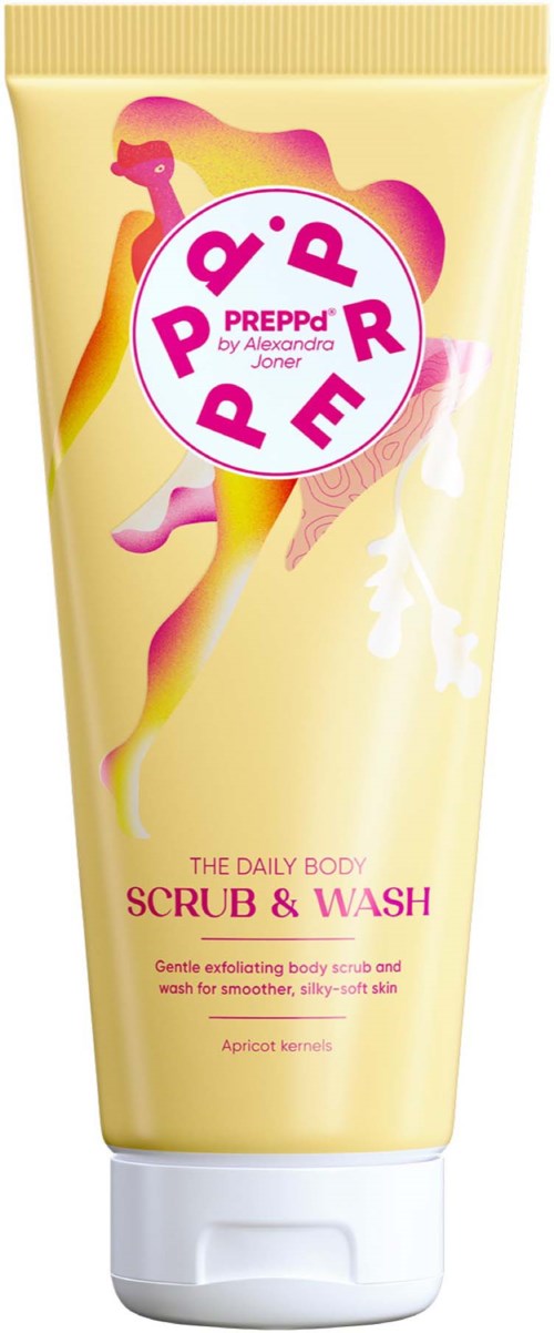 A yellow tube of body scrub and wash with a pink and white logo featuring a dinosaur and the words PREPPd.