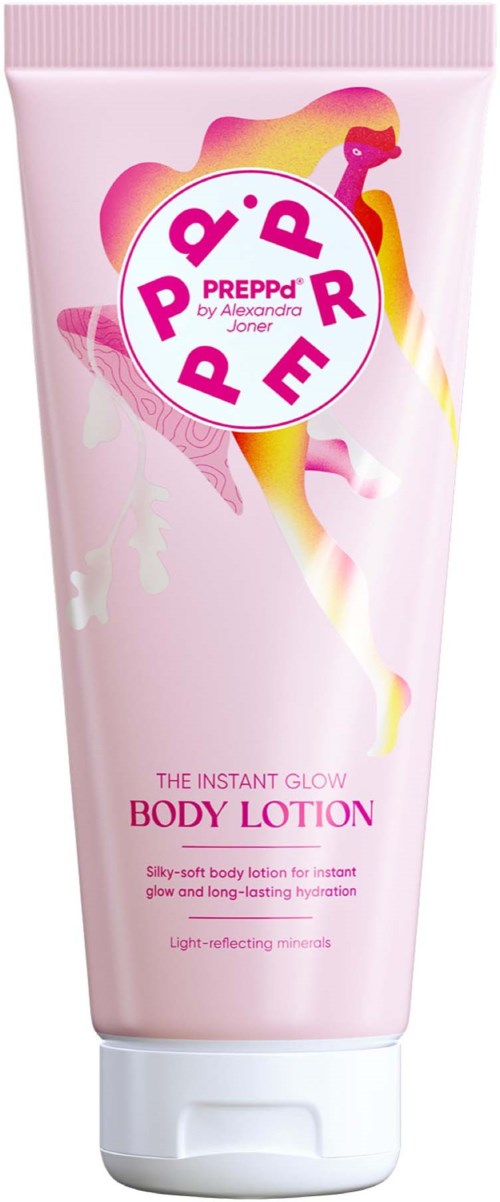 Pink tube of body lotion with a colorful unicorn and playful text design.