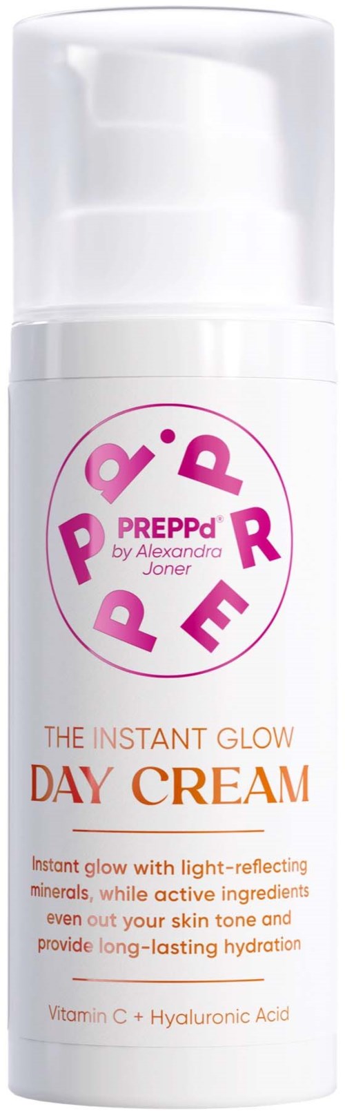 A white bottle of day cream with pink and orange text, promoting instant glow and long-lasting hydration.