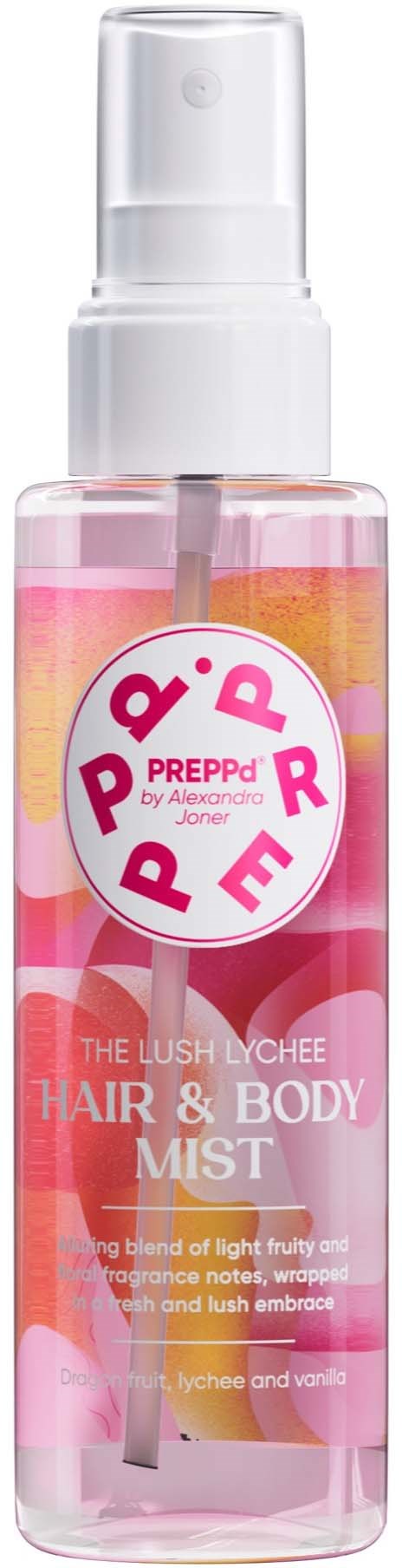 A spray bottle with pink and yellow label, called PDR PREPPd, for hair and body mist with lychee and vanilla scent.