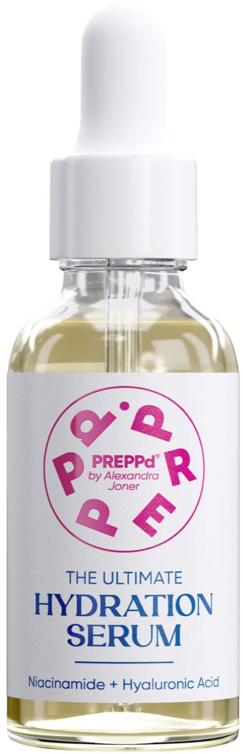 A small clear bottle with a white dropper cap, labeled Hydration Serum with ingredients like Niacinamide and Hyaluronic Acid.