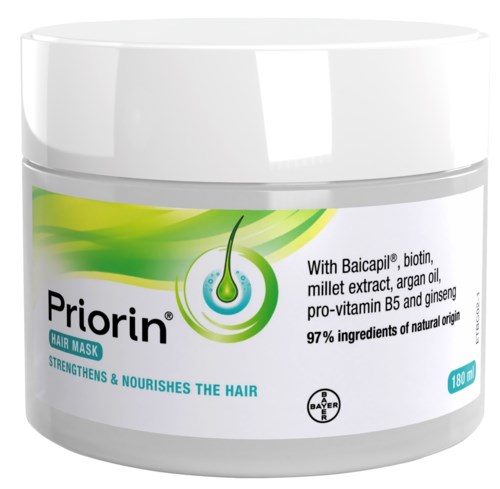 A white jar of Priorin hair mask with green and blue design, labeled for strengthening and nourishing hair, contains 180 g.