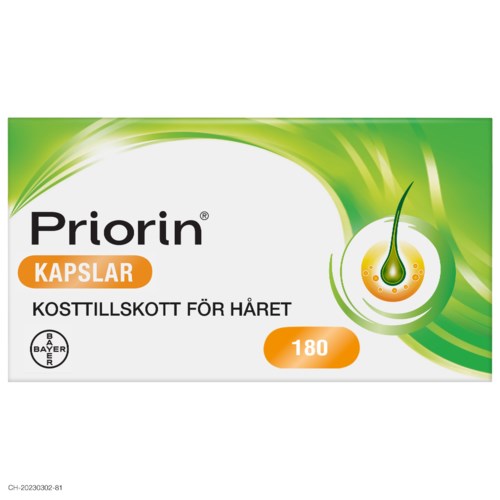 Doos met haarvoedingskapsels, groen en wit, met een haarzakje-illustratie, gelabeld "Priorin".