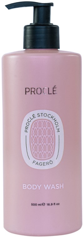 Vaaleanpunainen pullo pumpulla. Etiketti kertoo Proclé, vartalopesu, 500 ml.