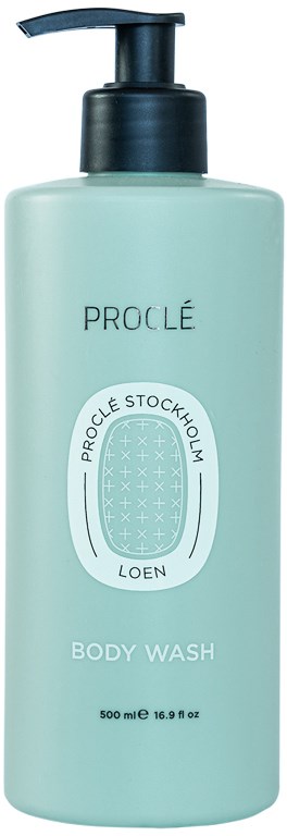 Vaaleanvihreä pullo mustalla pumppa, merkinnällä 'Proclé' ja 'Body Wash', sisältää 500 ml tuotetta.