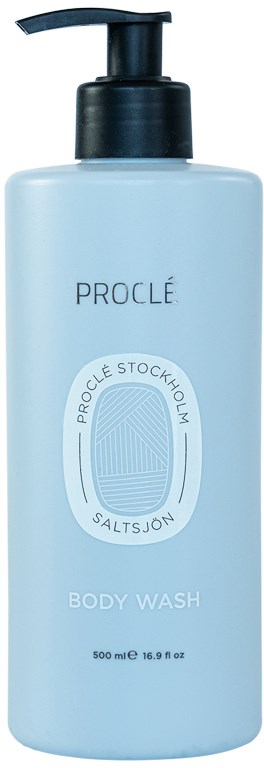Vaaleansininen pullo mustalla dispositori, merkintä Proclé vartalosuihku, 500 ml. Yksinkertainen muotoilu, puhdas ulkonäkö, hieman tekstikuvauksia.