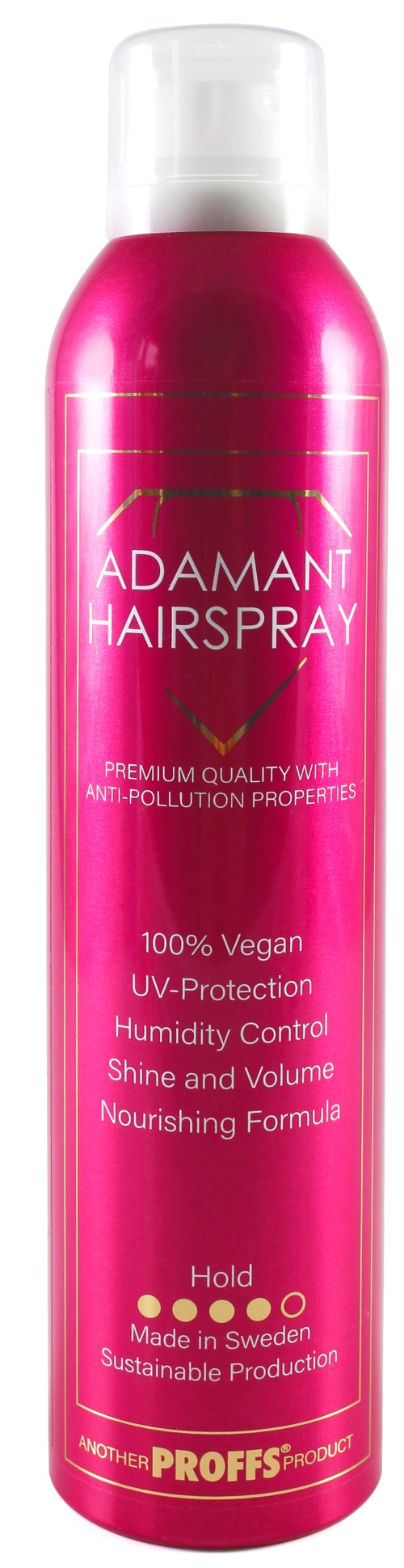 Roze spuitbus van Adamant haarspray met witte dop en label met productvoordelen en oorsprong uit Zweden.