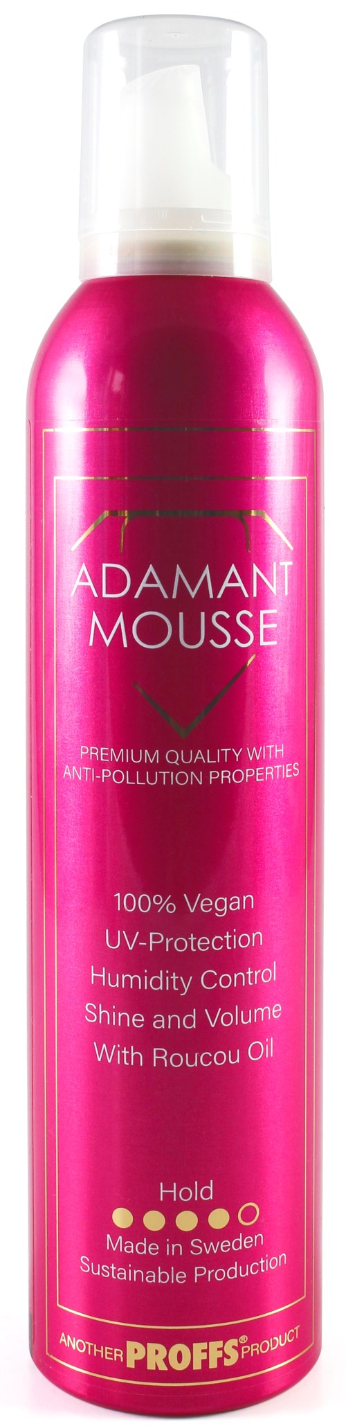 Roze spuitbus met Adamant Mousse haarproduct, vermeldt vegan, UV-bescherming, vochtigheidscontrole en volume.