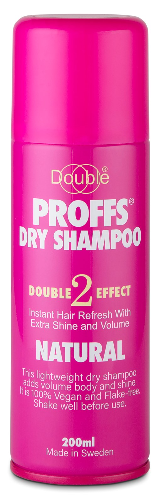 Een roze fles Prof’s droogshampo, dubbele werking voor extra glans en volume, veganistisch, 200 ml, gemaakt in Zweden.