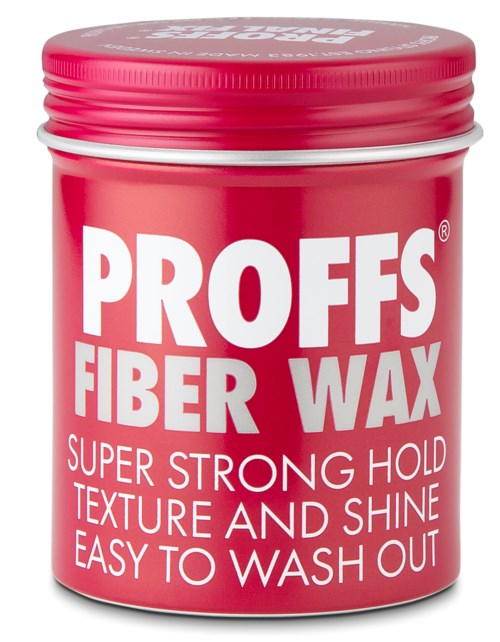 Een rode container met PROFFS Fiber Wax en een schroefdop, label belooft sterke hold en makkelijk uit te wassen.