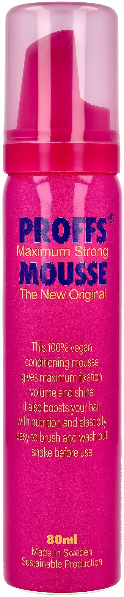 Een roze fles met Proffs Mousse, 80ml, voor haarconditioner, veganistisch, in Zweden.