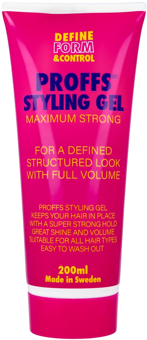 Een felle roze tube stylinggel met gele en blauwe tekst, reclameert maximale hold en volume voor alle haartypes.