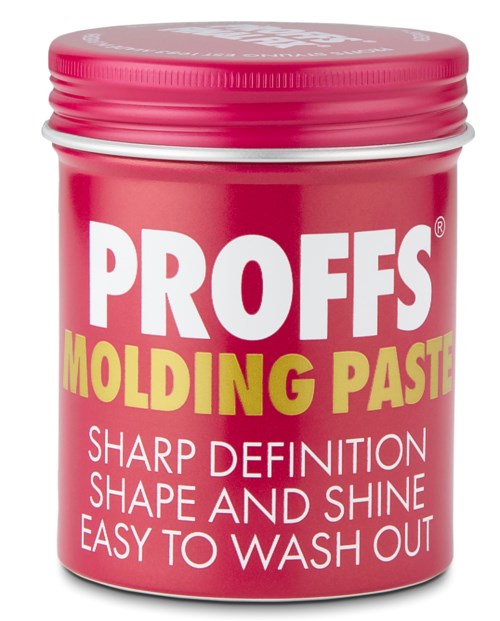 Een klein roze bakje met PROFFS Molding Paste, witte en gele tekst, vermeldt vorm, glans en makkelijk uitwassen.