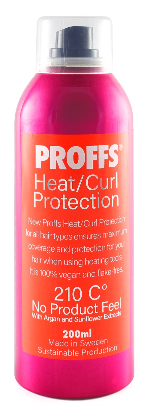 Een roze fles met doorzichtige dop, gelabeld voor hitte- en krulbescherming voor haar, 200 ml, gemaakt in Zweden.