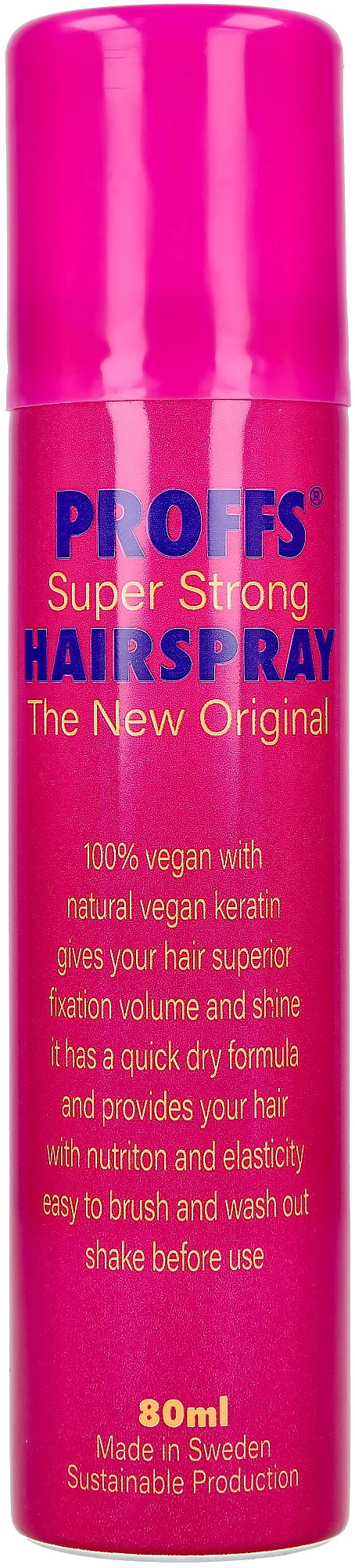 Een roze spuitbus met label 'PRO FS Super Strong HAIR SPRAY' met details over vegan ingrediënten en gebruik.