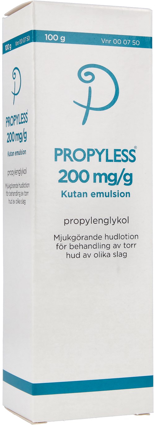 Kistan med Propylless, ett hudvårdsprodukt med 200 mg/g propylenglykol. För torr hud och sår.