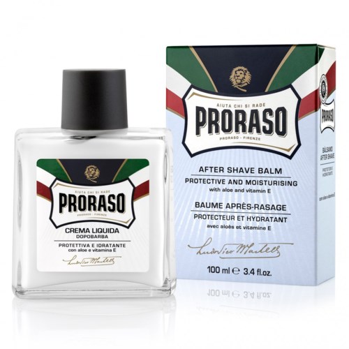 Läpinäkyvä after shave -lääketölkki ja laatikko, jossa on vihreä, punainen ja musta kuvio sekä leijonalogo.