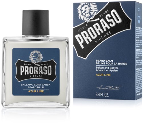 En flaske og eske av Proraso skjeggbalm med løve-logo, etiketten sier Azur Lime, 3,4 fl oz.