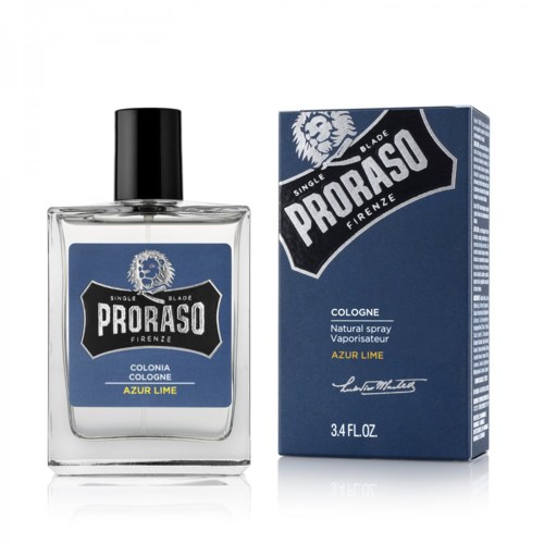 A perfume bottle and box with blue and black colors, featuring a lion logo and product name 'Proraso Azure Lime'.