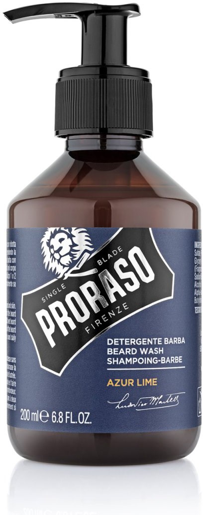 Barberskumbotell i brunt med svart pumpe, merket 'Proraso' med løvelogo og 'Azur Lime'-duft.
