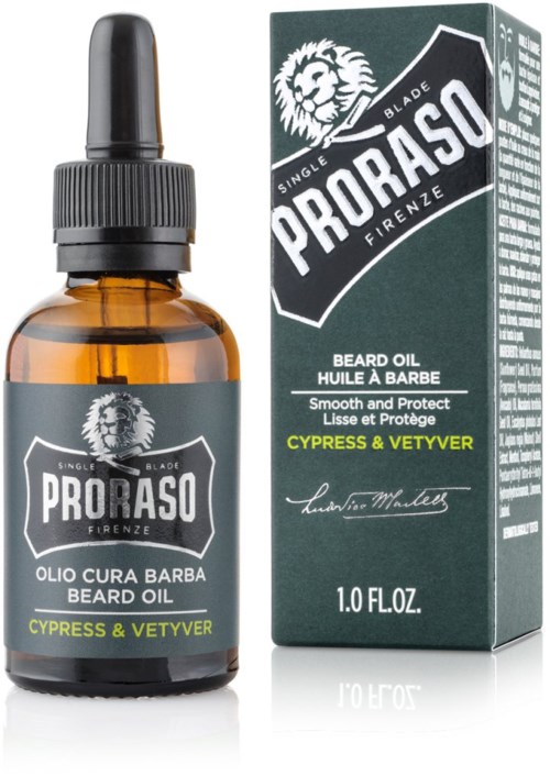 A small brown bottle with a dropper and a box, both labeled Proraso beard oil for protecting and smoothing beards.