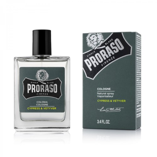 A perfume bottle and box with Proraso logo, labeled as cypress and vetiver cologne.