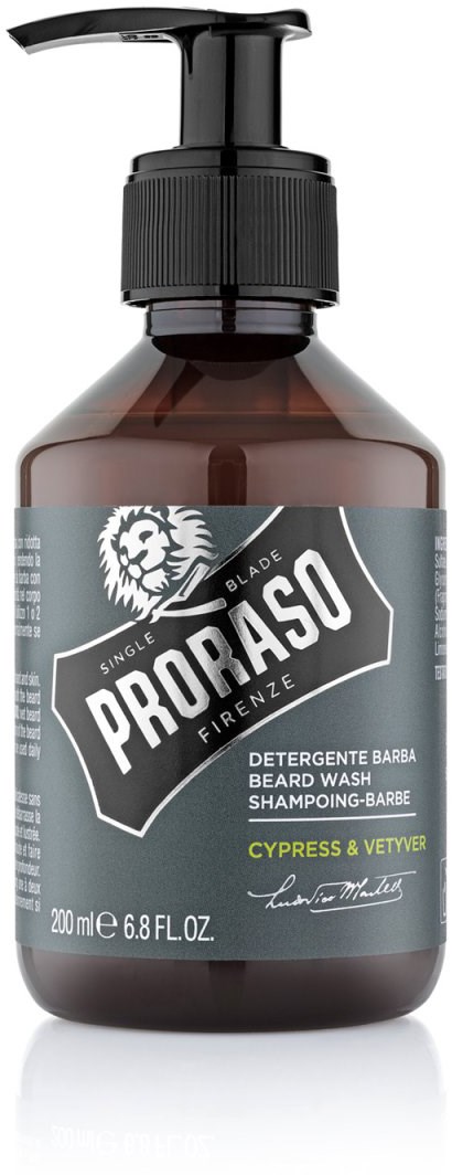 En brun flaske med svart pumpe som inneholder Proraso skjeggvask, merket viser løve og nevner 'Cypress & Vetyver'.