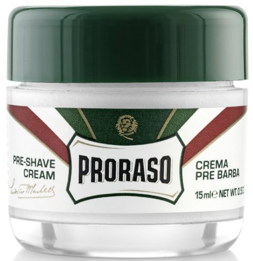 grön och vit burk med Proraso förskäggscreme med logga och text.