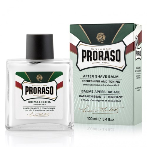 Proraso after shave balm och flytande kräm för män, med eukalyptusolja och menthol, i grönt och vitt förpackning.