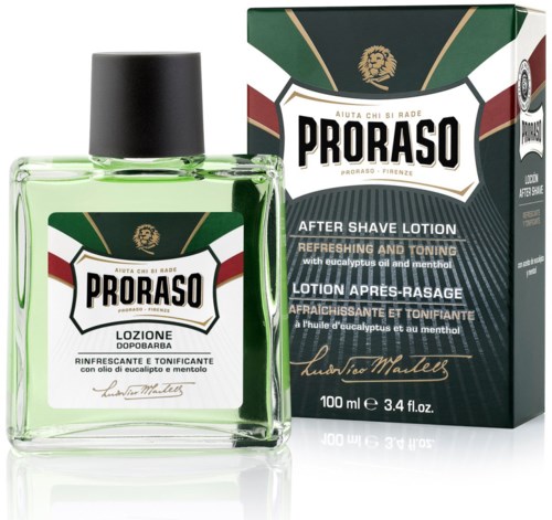 Proraso after shave -voide eukalyptuk│sella ja mentholilla, vihreässä pullossa ja laatikossa leijonan logolla.