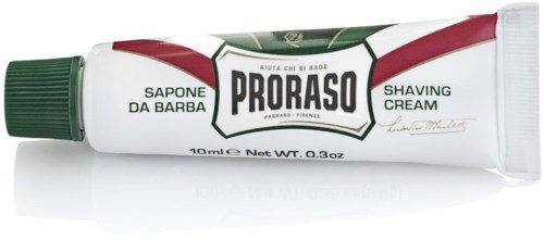Proraso-raiteeraamisen kerma putkilossa, vihreä korkki, merkattu italiaksi ja englanniksi, valkoinen ja vihreä muotoilu.