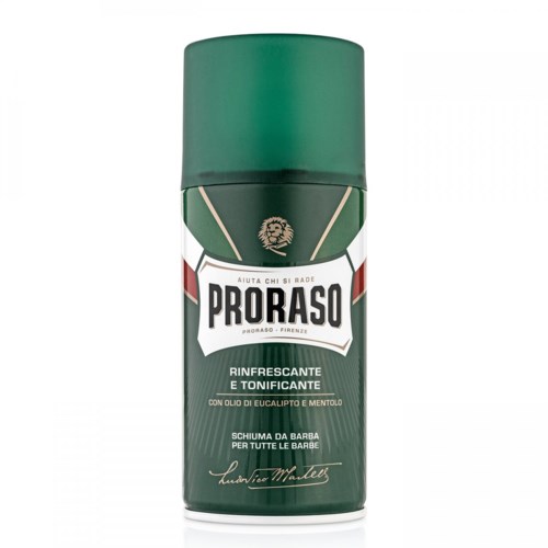 Vihreä purkki Proraso aftershave-voiteella, eucalyptus ja menthol, kaikille partaille, italialaista tekstiä ja logo.