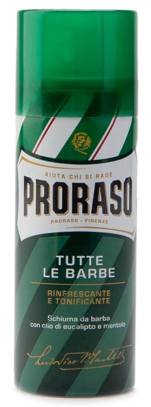 Vihreä Proraso-naamiovaahtopohja suomenkielisellä merkinnällä ja valkoisella etikettillä. Se on partakarvojen hoitoon.
