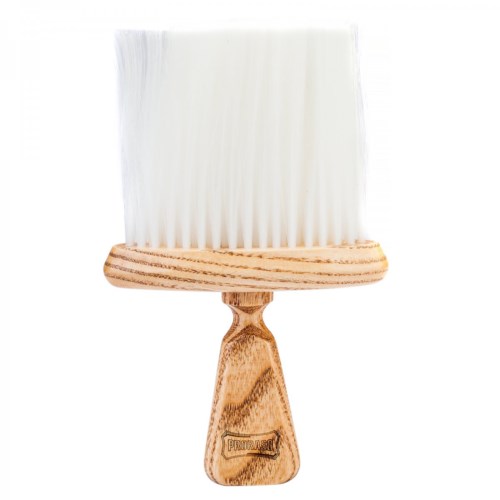 A cleaning brush with white bristles and a wooden handle.
