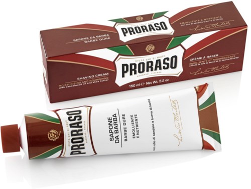 Proraso-sahavahappukahva ja sen laatikko, molemmat punaisia, valkoisia ja vihreitä väriltään, sisältäen brändin ja tuotetiedot.