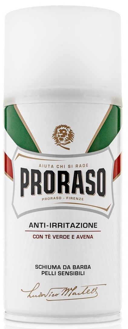 Proraso partakorkin säilytysastia, jossa on valkoinen kansi ja vihreitä, punaisia ja kultaisia yksityiskohtia etikettissä.