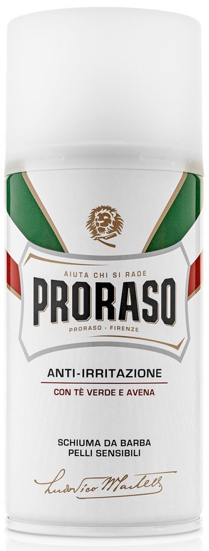 Valkoinen höyläalueen vaahtopurkki, vihreä, punainen ja kultainen korostus, Proraso, herkkäihoisille teellä ja kauralla.