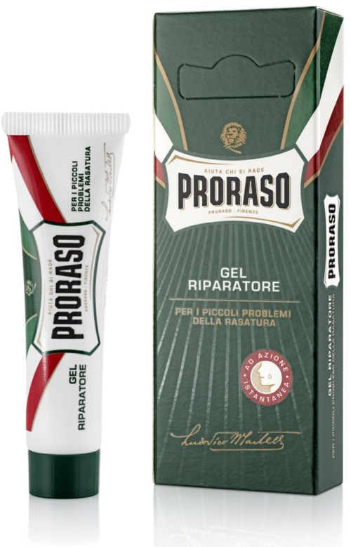 Putkilokasetti Proraso Repair Gel ja sen vihreä laatikko, jossa on punaisia ja valkoisia korostuksia. Putkilossa on pääasiassa valkoinen väri ja mustaa ja punaista tekstiä.