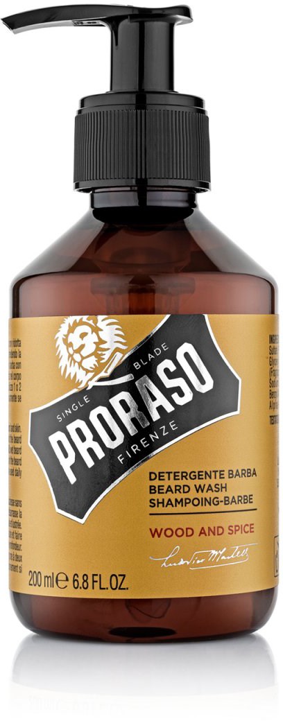 Ruskea pullo mustalla pumpulla, etiketti kertoo 'Proraso' partahienpesuun, puu ja mauste tuoksu, 200 ml.