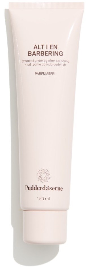 Weiße Tube mit dänischem Text über Rasieren, 150 ml, und ein kleines Blumenlogo.