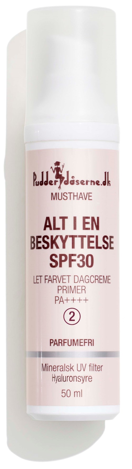 Eine weiße Sprühflasche mit rosa-weißem Text, kennzeichnet Sonnencreme SPF 30, für Gesichtsschutz, 50 ml.