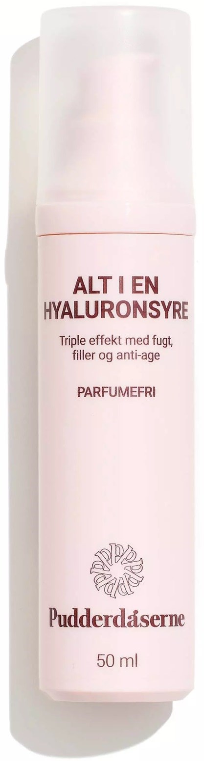 Rosa Flasche mit Text über Hyaluronsäure, Anti-Aging, 50 ml, von Pudderdåserne.